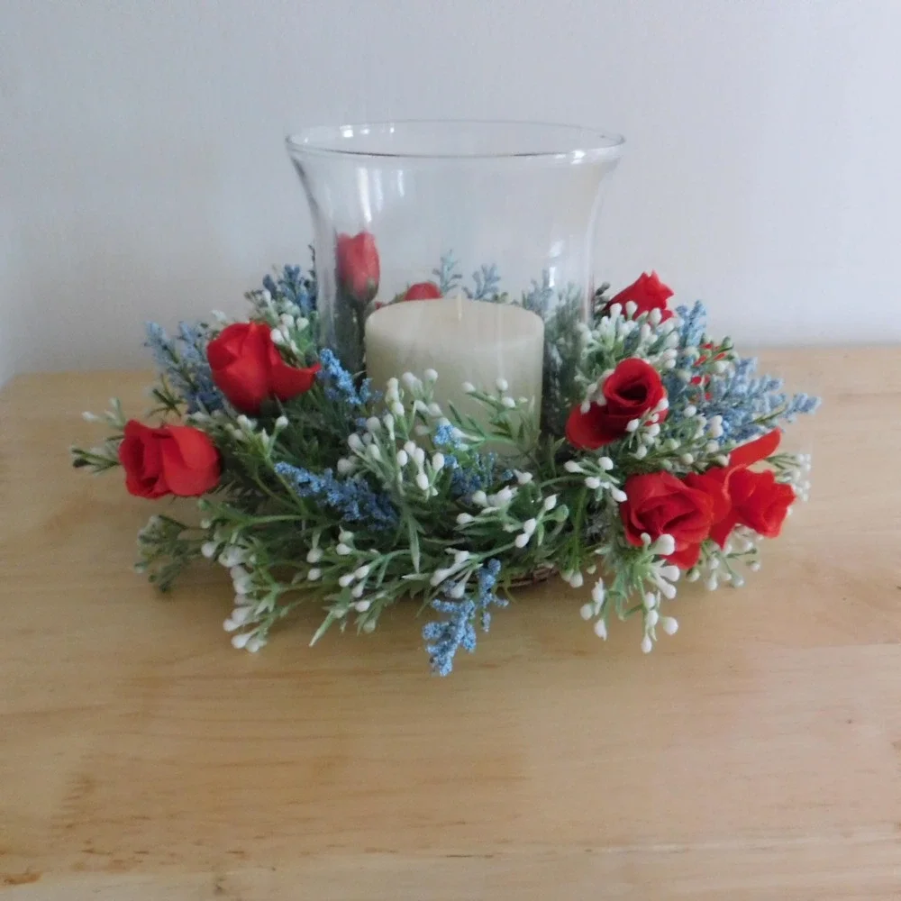 Patriotic Candle Ring Red White Blue Mini Wreath Cabinet‎ 4th of July